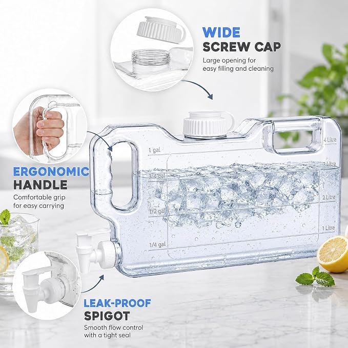 Fridge Water Dispenser with Leak-Proof Spigot, Reusable Refrigerator Drink Dispenser with Handle, Water Jug Beverage Container for Iced Tea, Juice, Lemonade, Party and Daily Use (2, 1.1 Gallon)