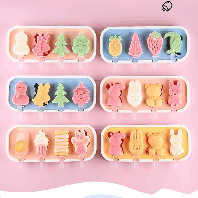 Cartoon Shape Popsicles Molds 3Pcs Cute Ice Cream Mold Maker Easy-Release Homemade Ice Pop Tray Silicone with Lid & Stick (Fruit+Fruit+Fruit)…