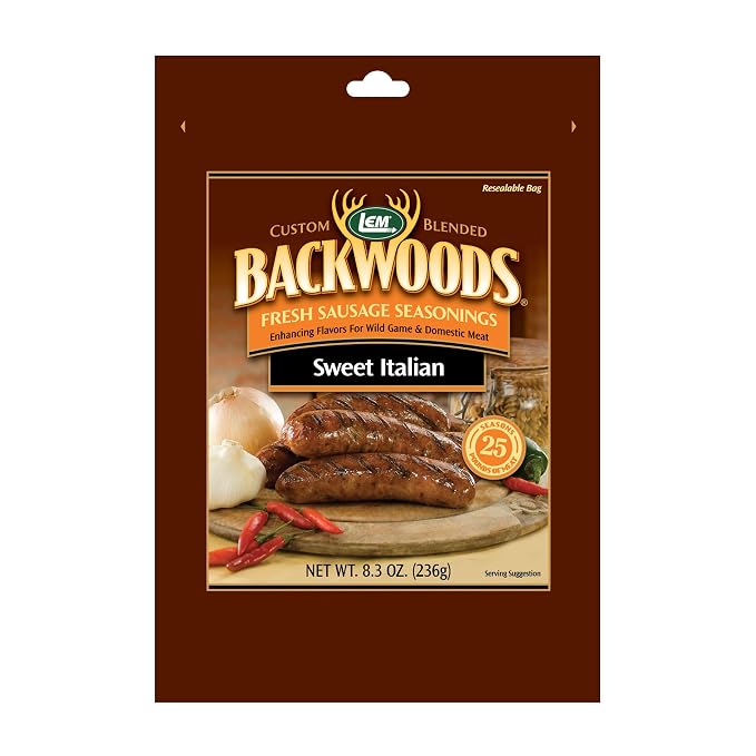 LEM Products Backwoods Sweet Italian Fresh Sausage Seasoning, 8.3 oz Packet | Pre-Measured Seasoning for Wild Game and Domestic Meat, Seasons Up to 25 Pounds of Meat for Homemade Patties and Sausages