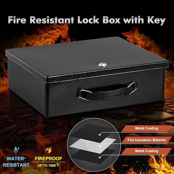 KYODOLED Fireproof Document Box with Key Lock, Large Safe Storage Box for Valuables, Fire Resistance Security Chest, Lock Box for Passport, Cash, Tablet 13.2'' x 11'' x 4.13'' Black