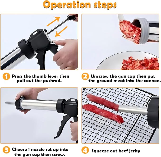 2 LB Stainless Steel Sausage Stuffer Kits,Beef Jerky Gun,Jerky Gun,Sausage Gun,Meat Gun for Ground Meat with 5 Nozzles,5 Cleaning Brushes and 1 Meat Pusher