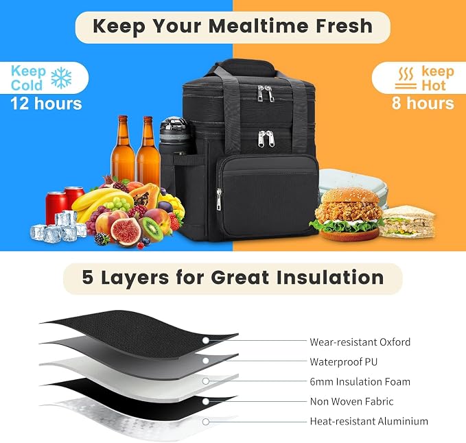 holuxer Insulated Lunch Bag & Lunch Box for Men - Double Deck Reusable Lunch Bag for Women Tote Cooler Bag Leakproof Soft Expandable - Extra Large Lunchbox for Work/Adult/Picnic/Outdoor (Black，22L)