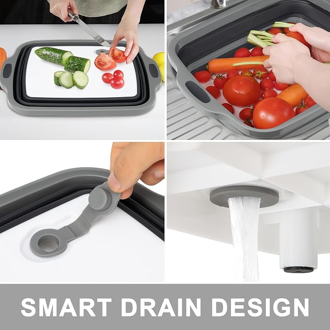 Collapsible Cutting Board with Container, Foldable Camping Sink with Colander, BBQ Prep Tub with Lid, Multifunction Dish Basin for Kitchen, Bowl, Vegetable and Fruit, 2.11 Gal/8L Storage Basket