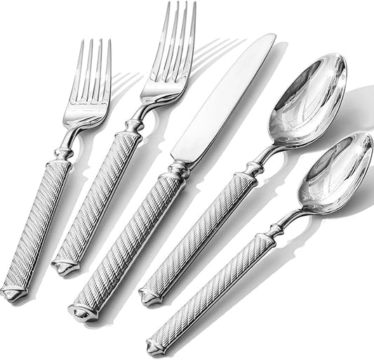 KINGSTONE Retro Rope-Pattern Silverware Set, 10-Piece Flatware Set Cutlery Set Forged with Handcrafted Texture Handles 18/10 Stainless Steel, Dishwasher Safe