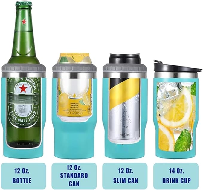 4 in 1 Stainless Steel Can/Bottle Insulator, 14oz Two-Way Lids SUS Insulated Can Cooler, Beer Bottle holder (White)