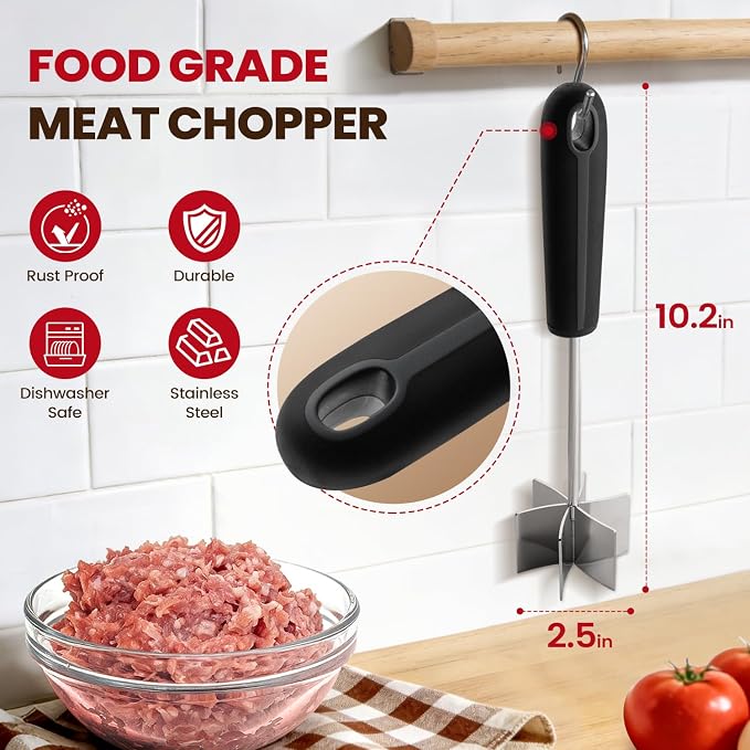 Stainless Steel Meat Chopper, Goldusk 10 Inch Meat Masher Ground Beef Chopper Tool with 6 Curve Blades & Ergonomic Non-Slip Handle, Hamburger Smasher Tool Ground Meat Smasher Dishwasher Safe