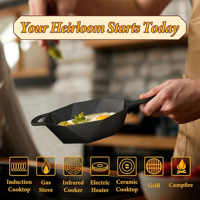Cast Iron Skillet with Lid,Pre-seasone Mini Cast Iron Smoker Skillets & Egg Pan with Assist Handle, 6.5 Inch Octagonal Design Frying Pan for Searing, Baking, Grilling, Roasting (Skillet-1)