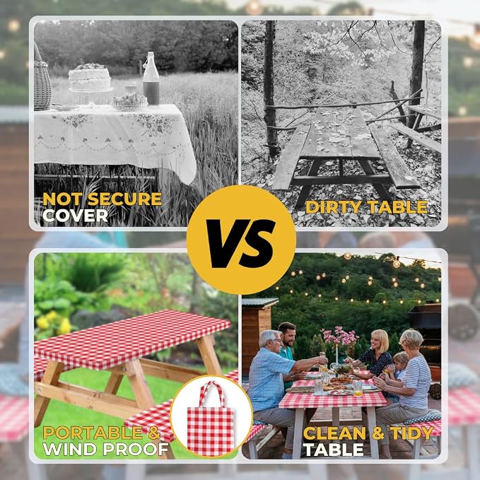 Vinyl Fitted Picnic Table Cover with Bench Covers & Bag 6ft Red Checkered | Vinyl Fitted Picnic Table Cover with Bench Covers and Bag, Outdoor Waterproof Windproof Picnic Tablecloth with Elastic Edges.
