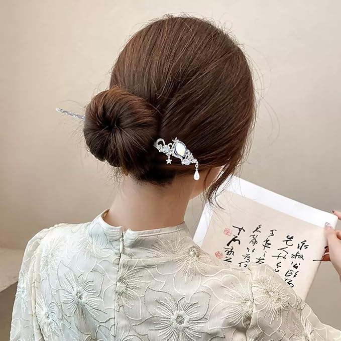 inSowni 8 Pieces Decorative Retro Crystal Pearl Silver Hair Sticks Pins with Pendants Asian Chinese Hanfu Cloud Star Lotus Flower Hair Forks Chopsticks Bun Updo Holders Long Hairpins for Women Girls