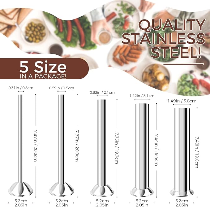 5-Size Stainless Steel Sausage Stuffer Tubes | Food-Grade Sausage Stuffing Funnels (8mm-15mm-21mm-31mm-38mm), 52mm Base Diameter Replacement Horns for Home Sausage Making