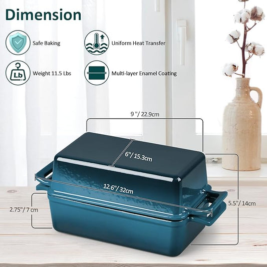 Leonyo 2-in-1 Cast Iron Bread Pan with Lid, Enameled Cast Iron Loaf Pan, 9 x 6 inch Sourdough Baking Pan, Homemade Bread Dutch Oven for Pound Cake, Lasagna, Up to 500℉ & Blackish Green