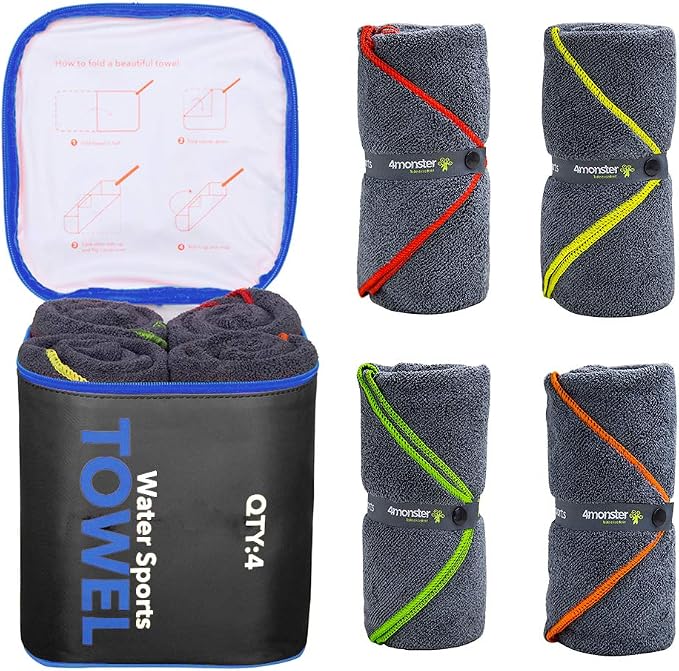4Monster 4-Pack Quick Dry Microfiber Travel Towels – Super Absorbent, Ultra-Soft Camping Towel Set with Water-Resistant Bag, Lightweight & Compact for RV, Gym, Beach, Pool, Swimming, and Family Trips