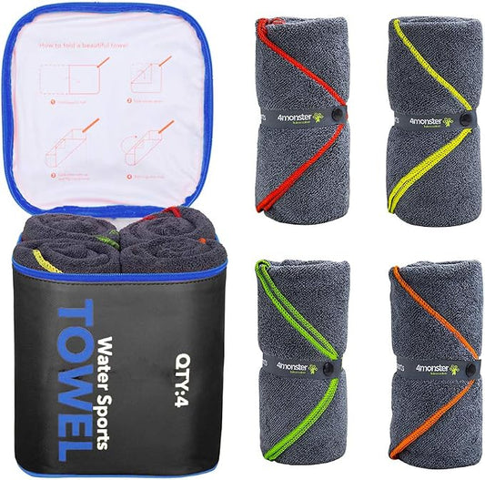 4Monster 4-Pack Quick Dry Microfiber Travel Towels – Super Absorbent, Ultra-Soft Camping Towel Set with Water-Resistant Bag, Lightweight & Compact for RV, Gym, Beach, Pool, Swimming, and Family Trips
