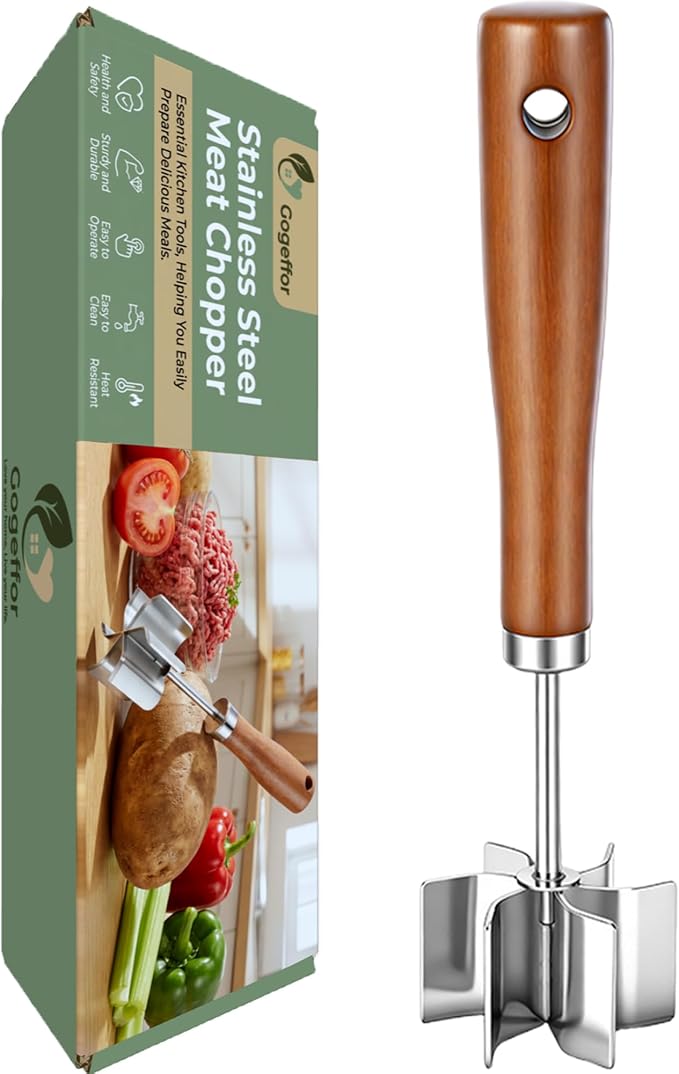 Stainless Steel Meat Masher: Ground Beef Chopper Hamburger Smasher Tool | Heat Resistant Up To 1500℉,6 Curve Blades,Hangable Wooden Handle,Efficient Chop and Stir Kitchen Gadgets