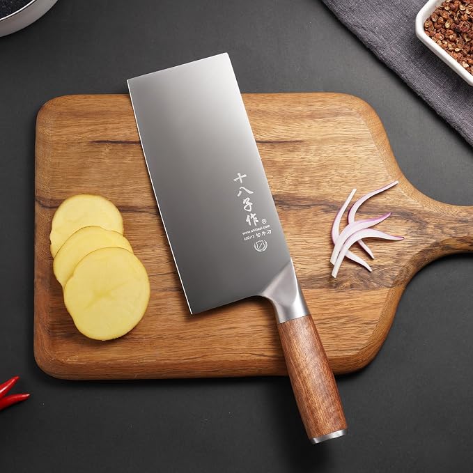 SHI BA ZI ZUO 7 Inches Stainless Steel Meat and Vegetable Cleaver Knife with Ergonomic and Sturdy Wooden Handle