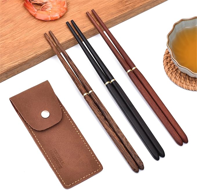 Foldable Chopsticks Travel Friendly Chopsticks with Leather Case Wood Tablewares Convenient Utensils for Outdoor Use, 20.8CM