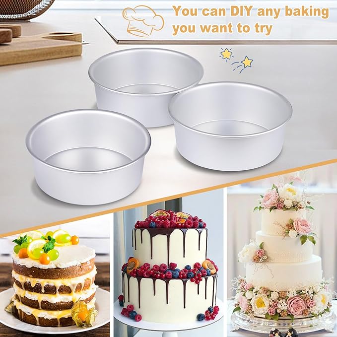 HomeMall 6 x 3 Inch Round Cake Pan Set of 3, Aluminum Baking Pans for Layer Cakes, Birthday Anniversary, Heavy Duty Non-Stick & Oven Safe, Commercial Grade Baking Tools for Home Kitchen