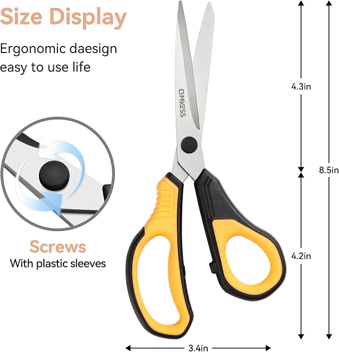 QMVESS 8.5" Scissors All Purpose 3 Pack Heavy Duty for Office School Fabric | Ultra Sharp 2.5mm Thick Stainless Blade, Ergonomic Comfort Grip, Left & Right Handed Classroom Must-Have Cutting General Use