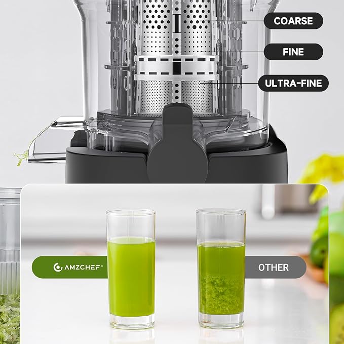 AMZCHEF Cold Press Juicer, 5.4" Whole Fruit Self-Feeding Slow Juicer | Stainless Steel Slow Masticating Juicer Easy to Clean | Triple Strainers | Large Auger | High Yield