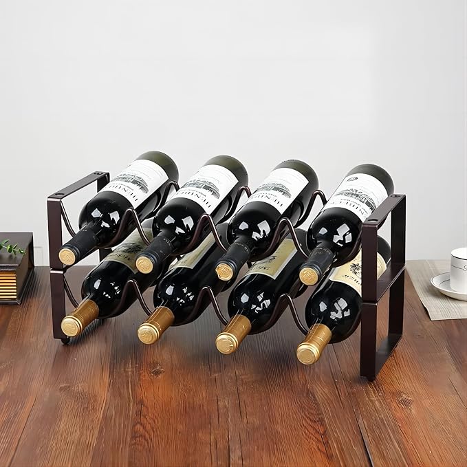 REDANT 2-Tier Stackable Wine Rack for Countertop - Metal Wine Bottle Holder, Small Wine Storage Organizer for Inside Cabinet, Kitchen, Bar, or Dining Room, Holds 8 Bottles, Bronze