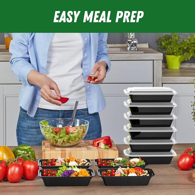 50 Pack (100-Piece) 32 oz Meal Prep Containers with Easy Open Lids, Black | Sturdy Leakproof & Food Safe, Microwave, Freezer, Dishwasher Safe Prep Containers, To Go Take Out Plastic Food Storage