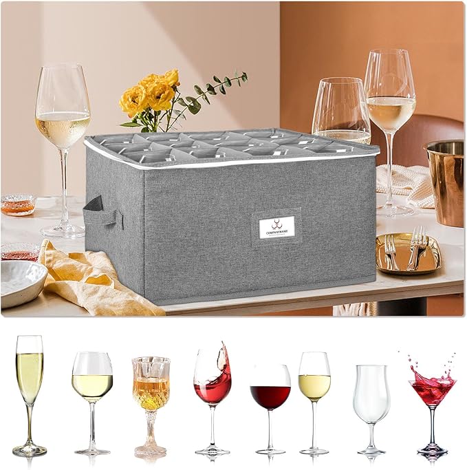 Wine Glass Storage Box Holds 12 - Stackable Hard Shell Organizer with Adjustable Dividers for Champagne Flutes & Crystal, Label Window, Durable Protector Case