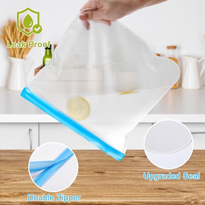 Lerine 10 Pack Reusable 2 Gallon Freezer Bags Dishwasher Safe | 13"x15.6" Large Capacity, BPA-Free, Food-Grade Material, Freezer Safe, Leakproof, Double-Seal, for Marinate Meats, Vegetables