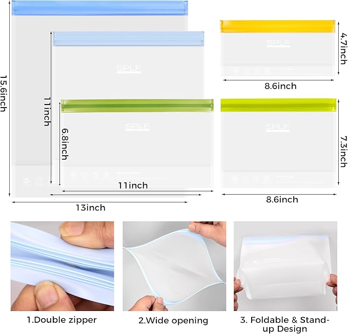 SPLF 8 Pack Stand-Up Reusable Half Gallon Freezer Bags Dishwasher Safe | Extra Thick Leakproof 1/2 Gallon Food Storage Bags, BPA Free Silicone for Meal Prep, Marinate, Veggies, Fridge Organization