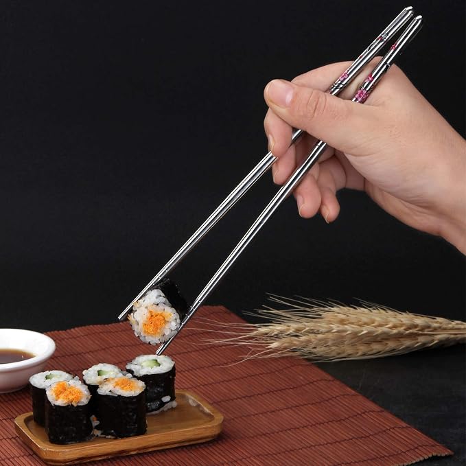 Stainless Steel Chopsticks, Metal Chopsticks, Reusable Non-slip Design Chop Sticks, 5 Pairs Gift Set,Plum Pattern Design