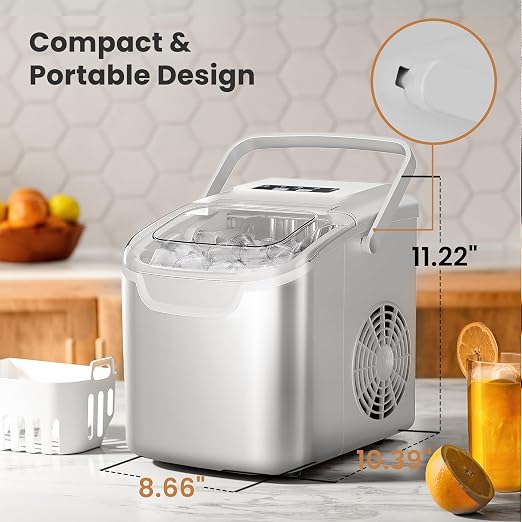 Crzoe Ice Makers Countertop with Handle, 2 Sizes of Ice, 8 Bullet Ice Cubes in 6 Mins, 26Lbs/24H, Portable Ice Maker with Self-Cleaning, Ice Machine for Home&Kitchen&Office&Party(White)