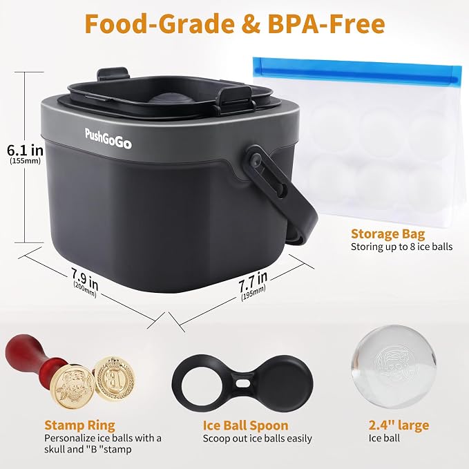 Clear Ice Ball Maker,Four Large 2.4" Crystal Clear Ice Balls for Whiskey, Cocktails, Bourbon,4-Cavity BPA-Free Silicone Easy Remove Ice Sphere Molds with Storage Bag,Stamp