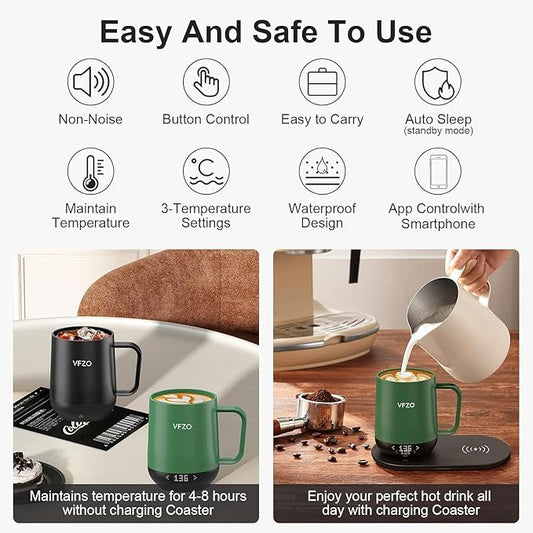 Temperature Control Smart Mug, Self Heating Coffee Mug LED Display, 180 Min Battery Life - Hot up to 149℉ Fast Wireless Charger Base Improved Design Coffee Serving Sets (12oz, Turquoise)