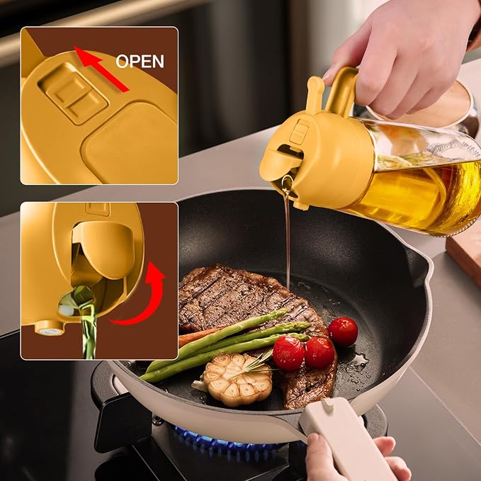 YARRAMATE 16oz/470ml Glass Olive Oil Sprayer for Cooking with Stickers, 2 in 1 Oil Dispenser for Kitchen Gadgets, Food Grade Premium Spray Bottle with Portion Control for Salad, Frying, BBQ (Orange)