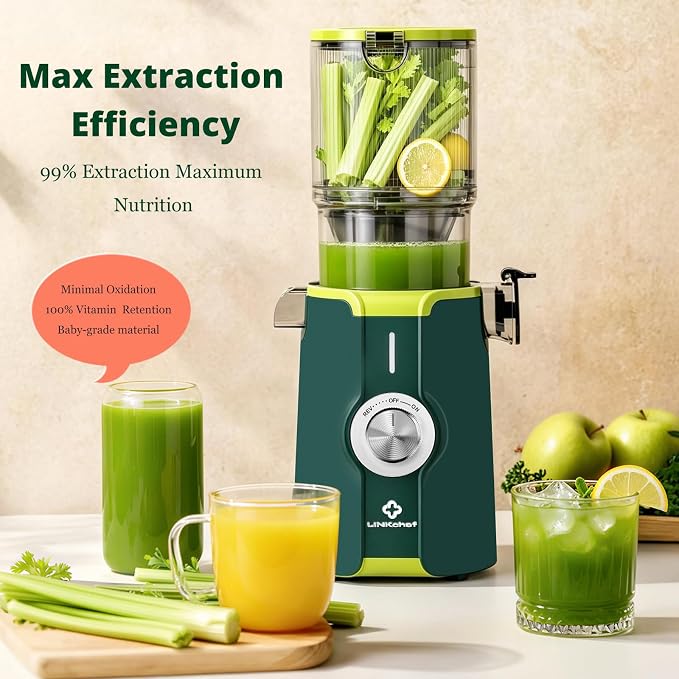 LINKChef Cold Press Juicer Machine, 4.53" Whole Fruit Slow Masticating Juicer with Auto Cutting, 200W Quiet Motor & High Juice Yield, Easy Clean Compact Juicer Extractor with Recipe Guide, Green