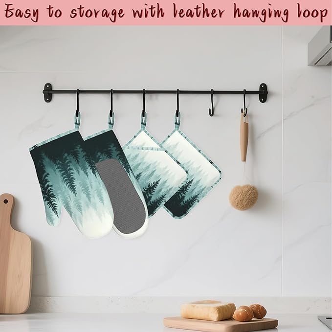 Misty Forest Silicone Oven Mitts and Pot Holders,Heat-Resistant 4 Piece Kitchen Set Non-Slip Oven Gloves and Hot Pads for Cooking, Baking, Grilling,BBQ