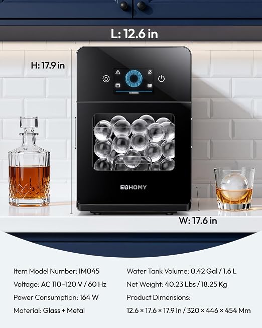 EUHOMY 2.4" Ice Ball Maker Countertop, 3Pcs Ready in 40Mins, 108Pcs/Day, Self-Cleaning Sphere Ice Maker Machine with Crystal Clear Ice, Round Ice Cube Maker for Whiskey & Bourbon