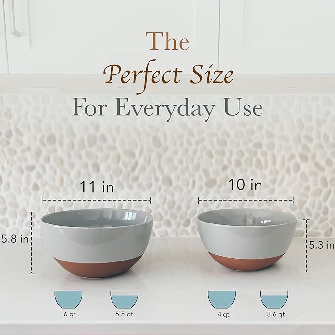 Mora Ceramic Large Mixing Bowls - Set of 2 Nesting Bowls for Cooking, Serving, Popcorn, Salad etc - Microwavable Kitchen Stoneware, Oven, Microwave and Dishwasher Safe - Extra Big 5.5 & 3.6 Qt - Grey