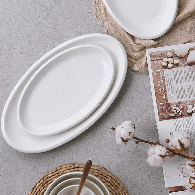 DOWAN Large Serving Platter, 16"/14"/12" Oval Platters Oven Safe, White Serving Plates for Wedding Decor, Ceramic Serving Dish for Entertaining Food, Set of 3