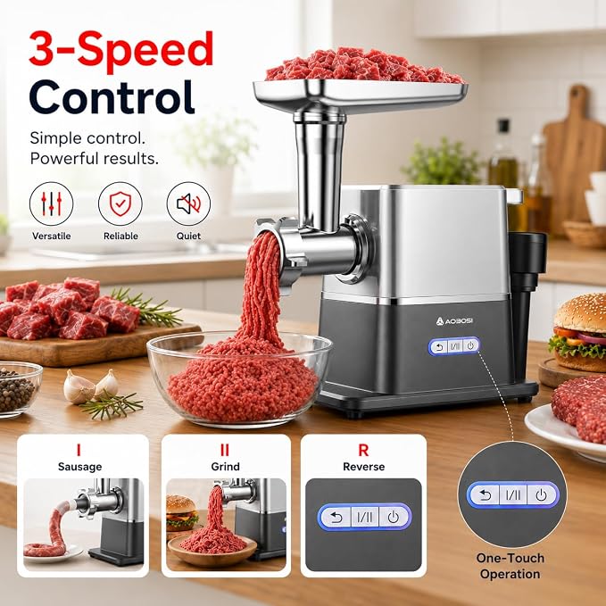 AAOBOSI Meat Grinder Electric 3000W Max with 60dB Quiet DC Motor, Auto-Reverse & Storable Food Pusher - 3 Speed Settings,Grinding, Sausage & Kibbe Making for Home Use