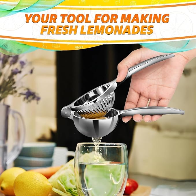 Stainless Steel Lemon Squeezer, 8.3 Inch Manual Hand Juicer (Silver) | Citrus Press with Built-In Seed Strainer, Juices Limes and Oranges for Cocktail Mixing, Corrosion-Resistant, Dishwasher Safe