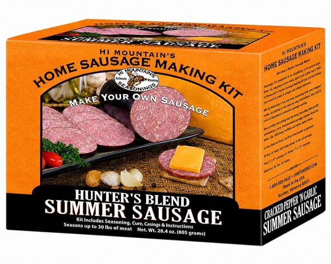 Hi Mountain HUNTER'S BLEND Summer Sausage Kit | Complete sausage seasoning kit. Includes: Seasoning, cure & 10 casings. Beef, pork, venison, deer, elk. Makes up to 30 lbs