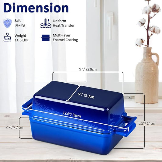 Leonyo 9 x 6 inch Cast Iron Loaf Pan with Lid, 2-in-1 Enameled Sourdough Baking Pan, Homemade Bread Dutch Oven for Pound Cake, Lasagna, Up to 500℉ & Blue