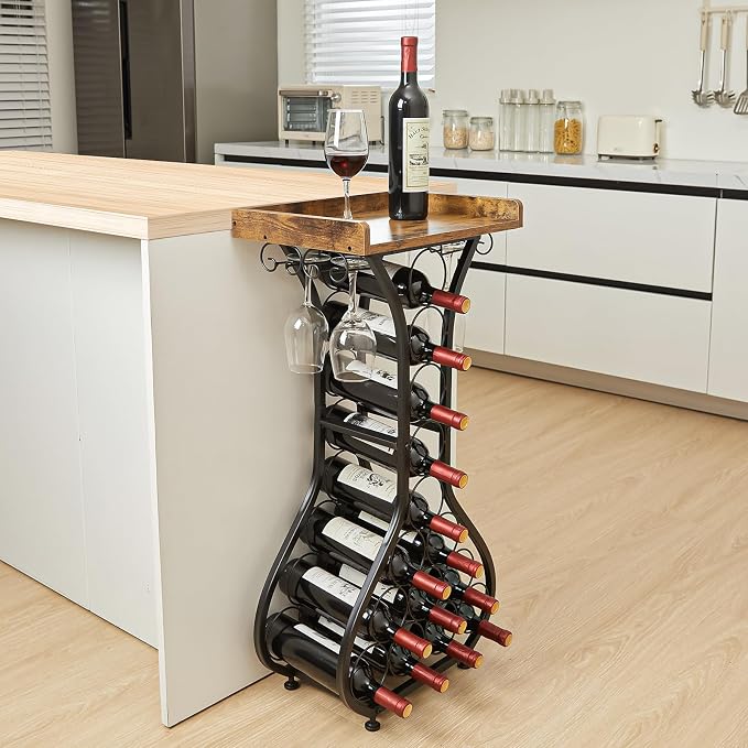X-cosrack Wine Rack Freestanding Floor, Mini Bar Table Wine Holder Stand Liquor Cabinet with Glass Holder Wood Tabletop 14 Bottles Floor Wine Storage for Home Bar Kitchen Living Room
