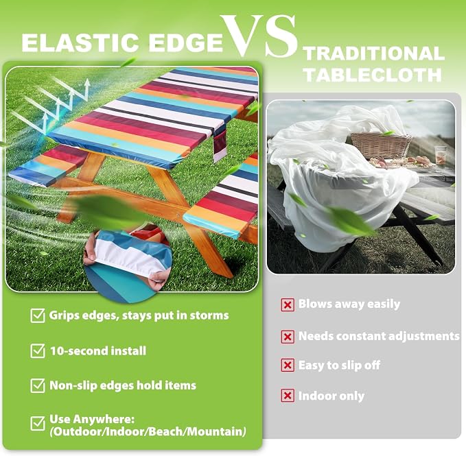 Fitted Picnic Table Cover with Bench Covers Waterproof Elastic Edges Rectangle Patio Tablecloth Outdoor Camping Essentials Stuff Rv Accessories Summer Trip Travel Supplies Party Camper Gifts, 6 ft