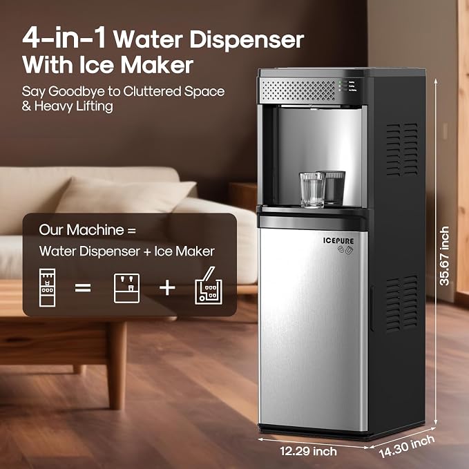 ICEPURE 4-in-1 Bottom Loading Water Cooler Dispenser with Built-in Ice Maker, Fits 3 & 5 Gallon Bottles, Hot & Cold Water with Child Lock, 33 lbs Daily Output for Home and Office