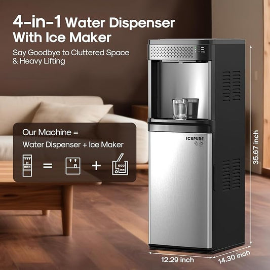 ICEPURE 4-in-1 Bottom Loading Water Cooler Dispenser with Built-in Ice Maker, Fits 3 & 5 Gallon Bottles, Hot & Cold Water with Child Lock, 33 lbs Daily Output for Home and Office