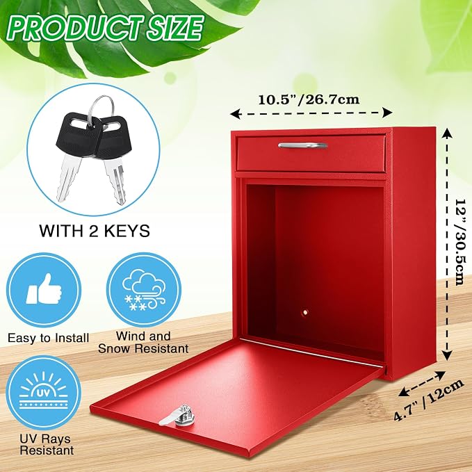 Yaocom Locking Mailbox with Key for Outdoor 12 x 10.5 x 4.7 Inches Large Wall Mount Mail Box with Lock Security Mail Drop Metal Collection Boxes Hanging Secure Postbox(Red)