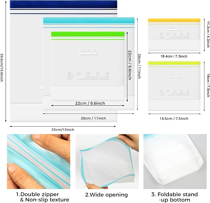 SPLF 12 Pack Reusable Gallon Freezer Bags Dishwasher Microwave Safe | 1 Gallon BPA Free Leakproof Food Storage Bags, Silicone Free Containers for Meal Prep, Fridge Kitchen Organization