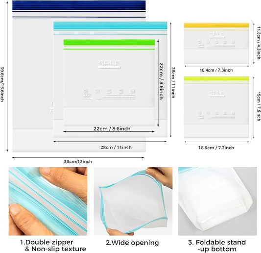 SPLF 32 Pack Reusable Food Storage Bags Dishwasher Microwave Safe | Reusable Freezer Bags, Silicone Free Containers for Meal Prep, Fridge Kitchen - 8 Gallon 8 Half Gallon 8 Sandwich 8 Snack
