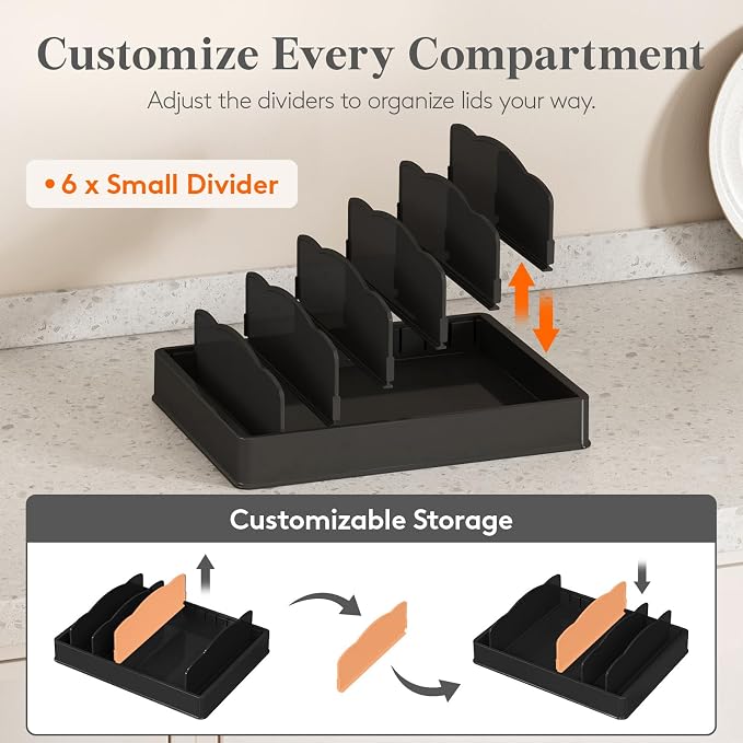 Lifewit Kitchen Cabinet Organizer for Food Contanier Lid with 7 Sections | Lid Holder with 6 Adjustable Dividers for Pantry Organizers and Storage, Home Drawer Organization, Black, Large, 13" x 10"